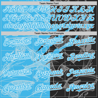 Custom Graffiti Pattern Sky Blue Black-White Scratch Bomber Full-Snap Varsity Letterman Hoodie Jacket