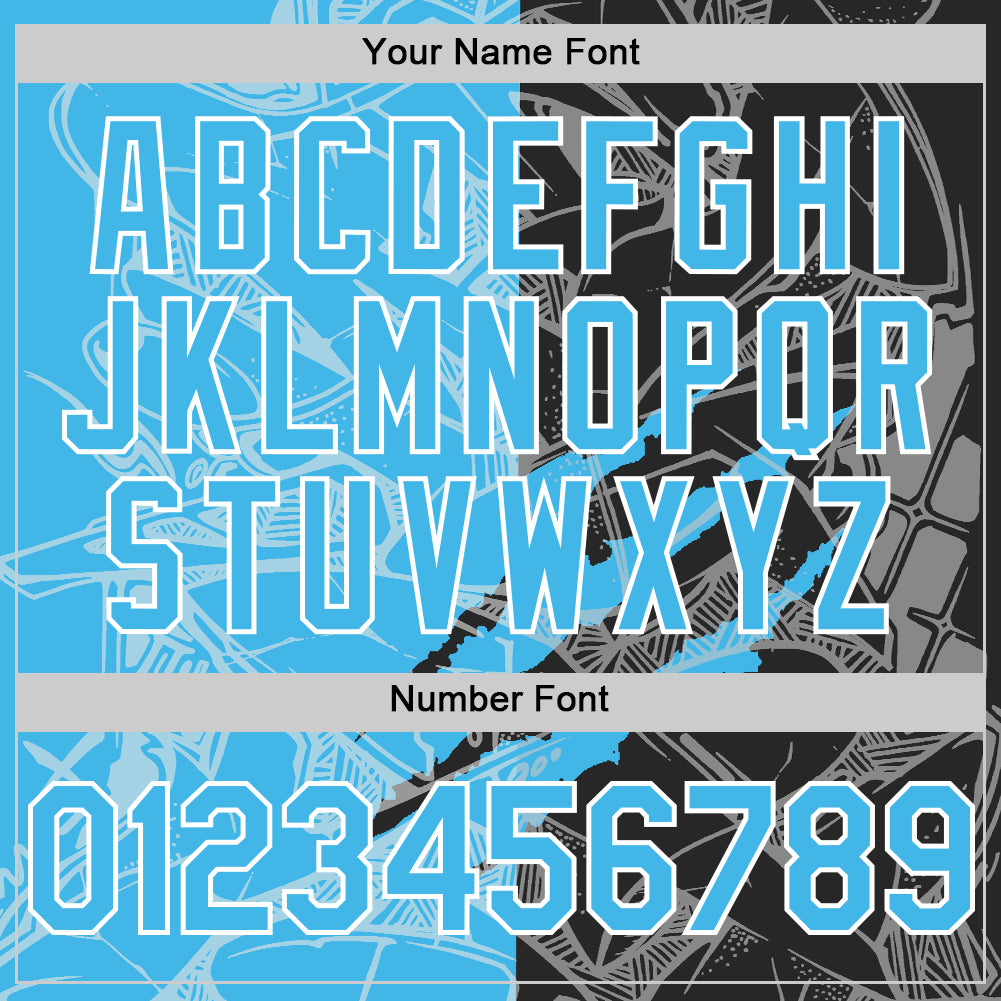 Custom Graffiti Pattern Sky Blue Black-White Scratch Bomber Full-Snap Varsity Letterman Hoodie Jacket