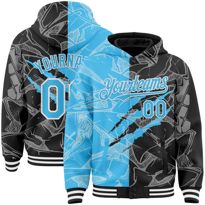 Custom Graffiti Pattern Sky Blue Black-White Scratch Bomber Full-Snap Varsity Letterman Hoodie Jacket
