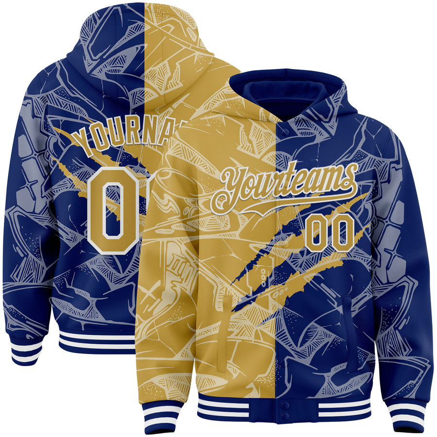 Custom Graffiti Pattern Old Gold Royal-White Scratch Bomber Full-Snap Varsity Letterman Hoodie Jacket