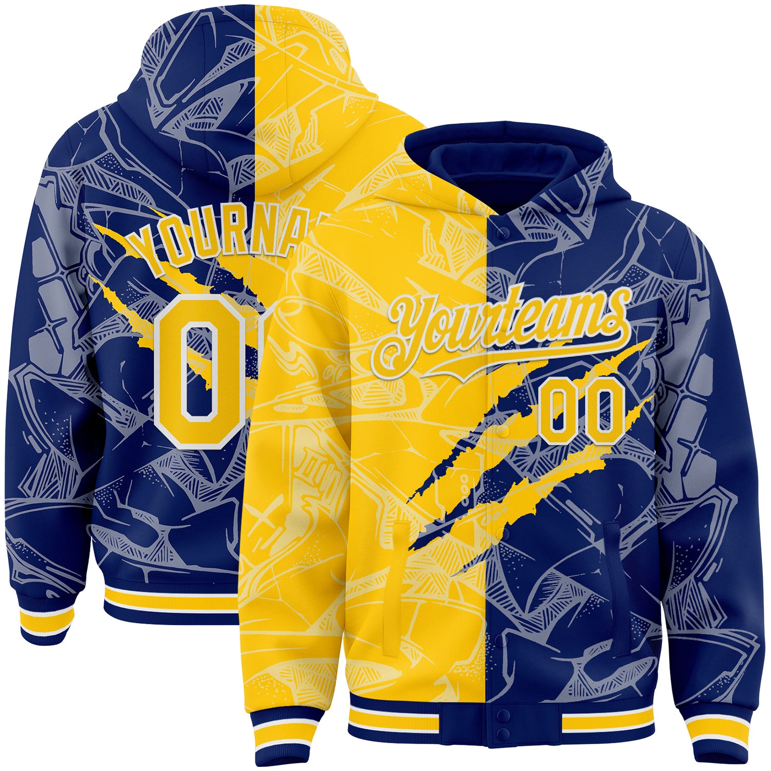 Custom Graffiti Pattern Yellow Royal-White Scratch Bomber Full-Snap Varsity Letterman Hoodie Jacket
