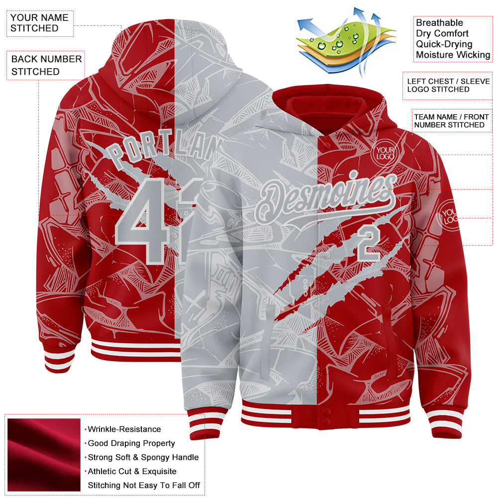 Custom Graffiti Pattern Gray Red-White Scratch Bomber Full-Snap Varsity Letterman Hoodie Jacket