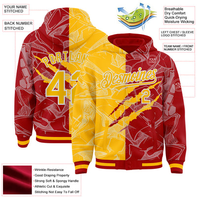 Custom Graffiti Pattern Gold Red-White Scratch Bomber Full-Snap Varsity Letterman Hoodie Jacket