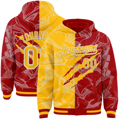 Custom Graffiti Pattern Gold Red-White Scratch Bomber Full-Snap Varsity Letterman Hoodie Jacket