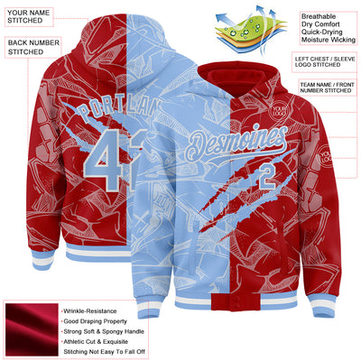 Custom Graffiti Pattern Light Blue Red-White Scratch Bomber Full-Snap Varsity Letterman Hoodie Jacket