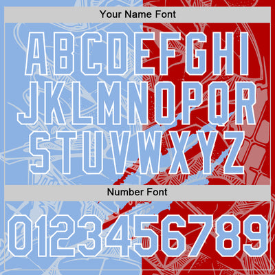 Custom Graffiti Pattern Light Blue Red-White Scratch Bomber Full-Snap Varsity Letterman Hoodie Jacket