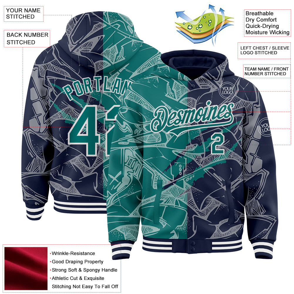 Custom Graffiti Pattern Teal Navy-White Scratch Bomber Full-Snap Varsity Letterman Hoodie Jacket