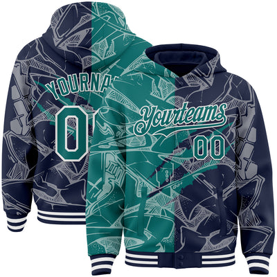 Custom Graffiti Pattern Teal Navy-White Scratch Bomber Full-Snap Varsity Letterman Hoodie Jacket