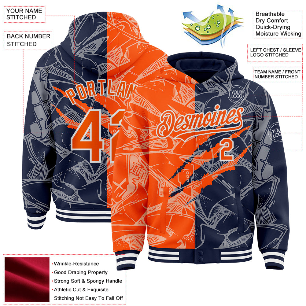 Custom Graffiti Pattern Orange Navy-White Scratch Bomber Full-Snap Varsity Letterman Hoodie Jacket