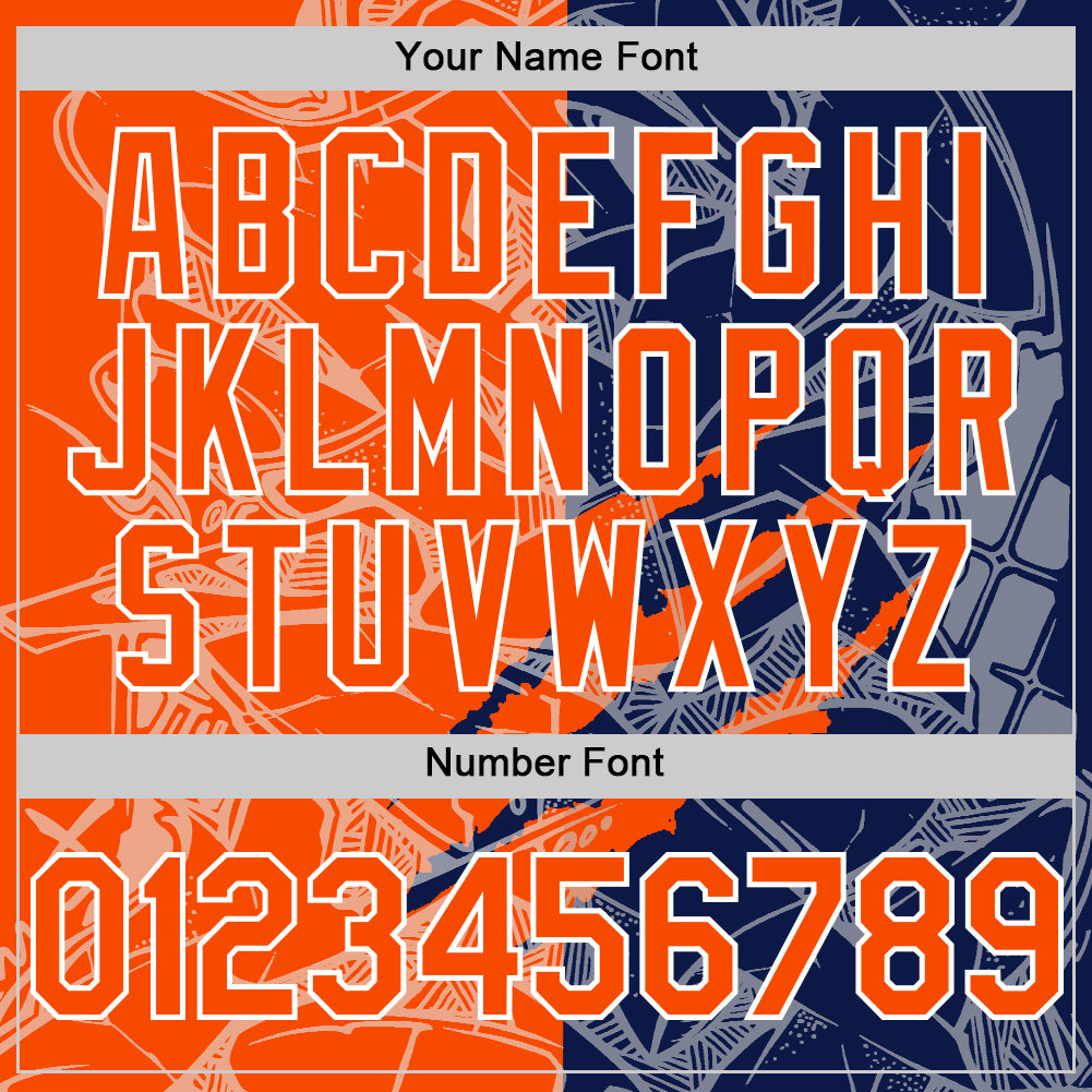 Custom Graffiti Pattern Orange Navy-White Scratch Bomber Full-Snap Varsity Letterman Hoodie Jacket