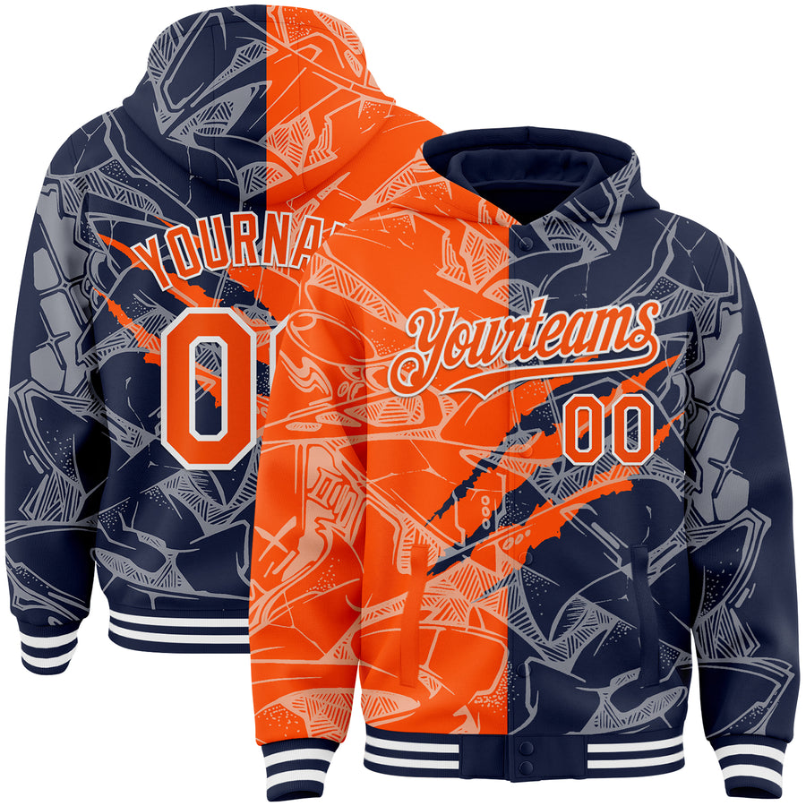 Custom Graffiti Pattern Orange Navy-White Scratch Bomber Full-Snap Varsity Letterman Hoodie Jacket