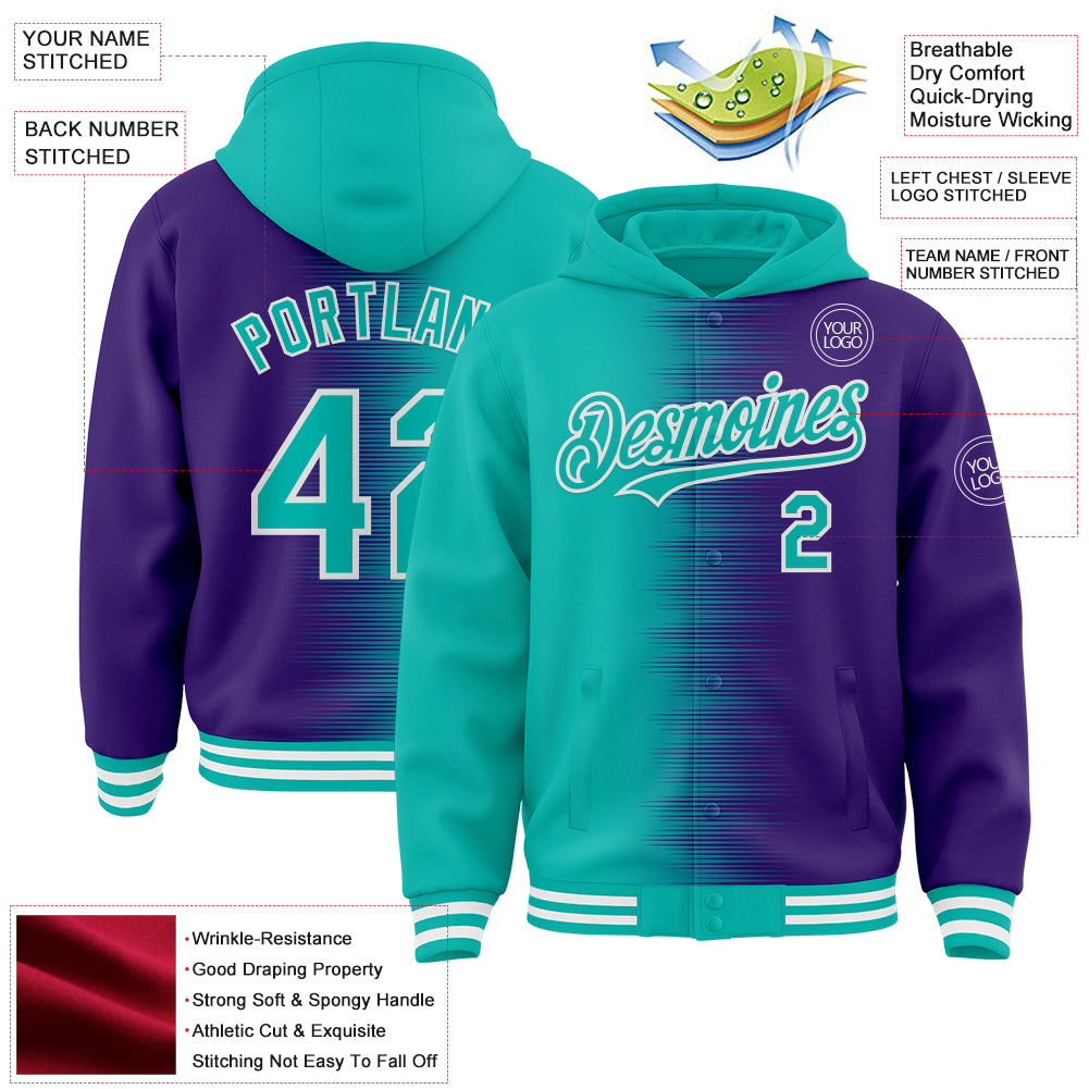 Custom Aqua Purple-White Gradient Line Bomber Full-Snap Varsity Letterman Hoodie Jacket