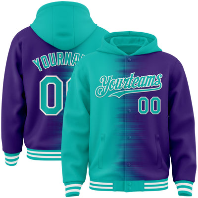 Custom Aqua Purple-White Gradient Line Bomber Full-Snap Varsity Letterman Hoodie Jacket
