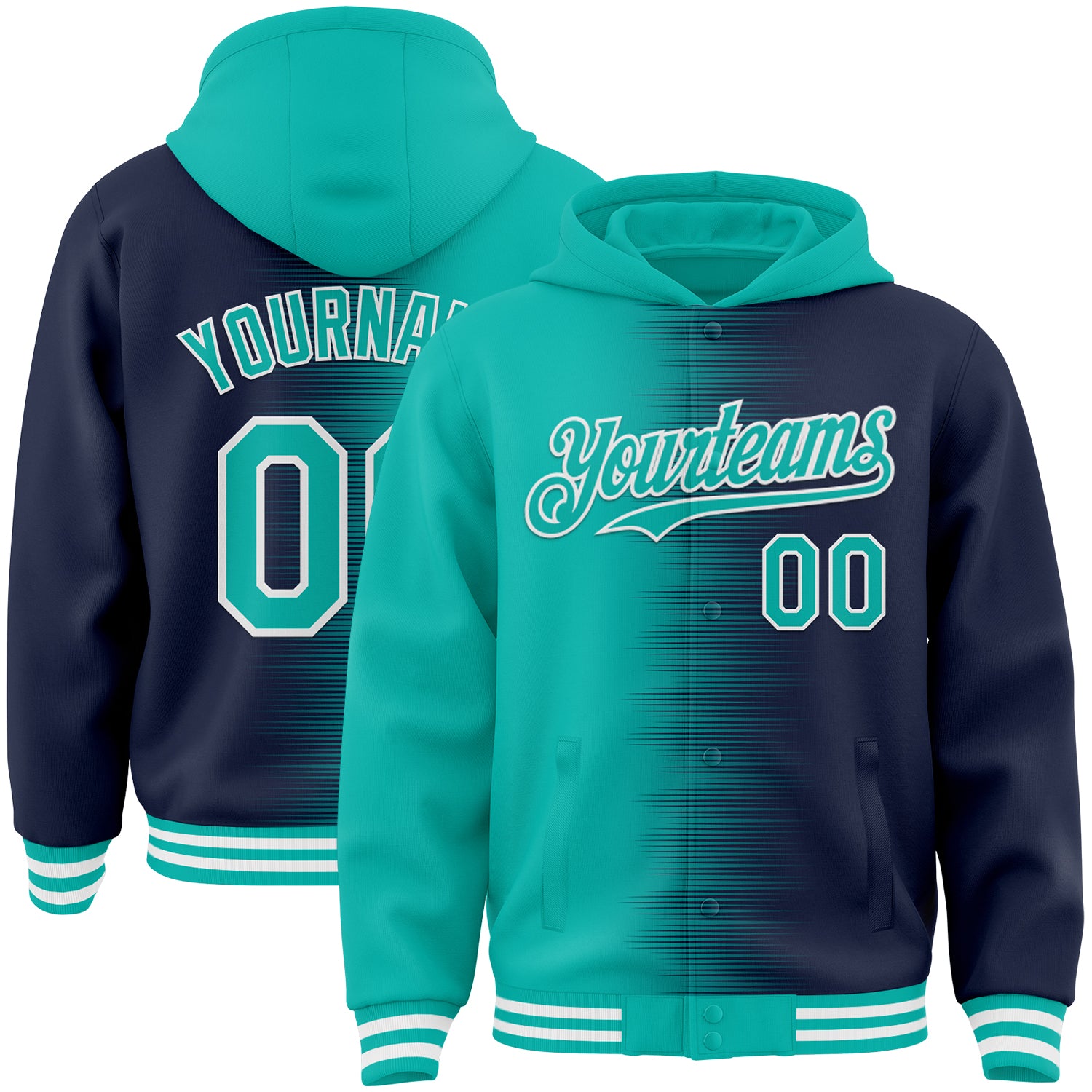 Custom Aqua Navy-White Gradient Line Bomber Full-Snap Varsity Letterman Hoodie Jacket