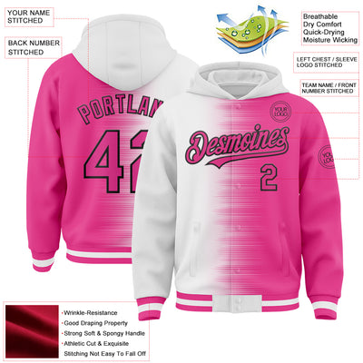 Custom White Pink-Black Gradient Line Bomber Full-Snap Varsity Letterman Hoodie Jacket