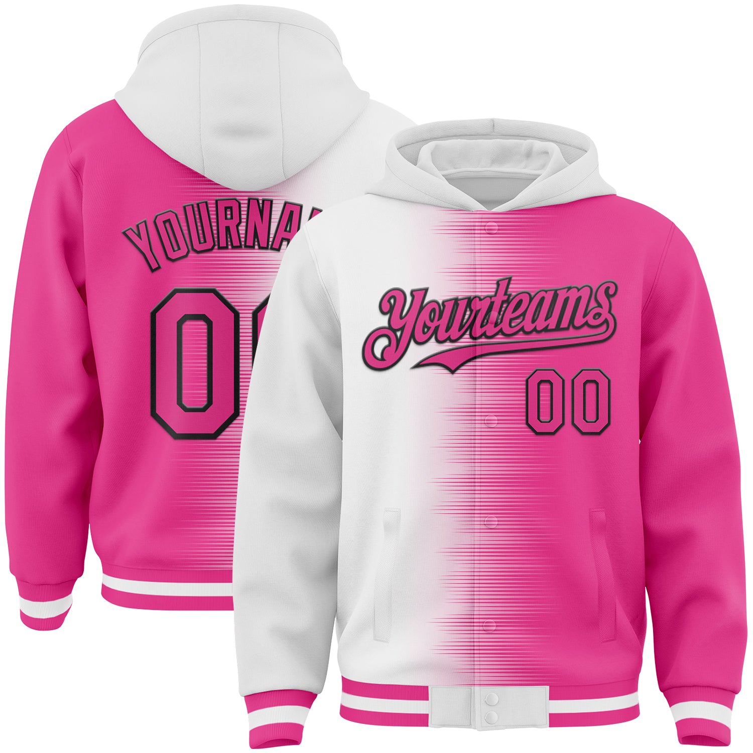 Custom White Pink-Black Gradient Line Bomber Full-Snap Varsity Letterman Hoodie Jacket