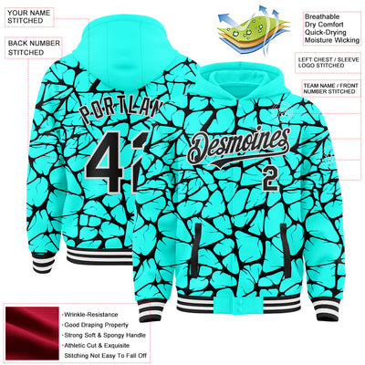 Custom Aqua Black-White Abstract Network Bomber Full-Snap Varsity Letterman Hoodie Jacket