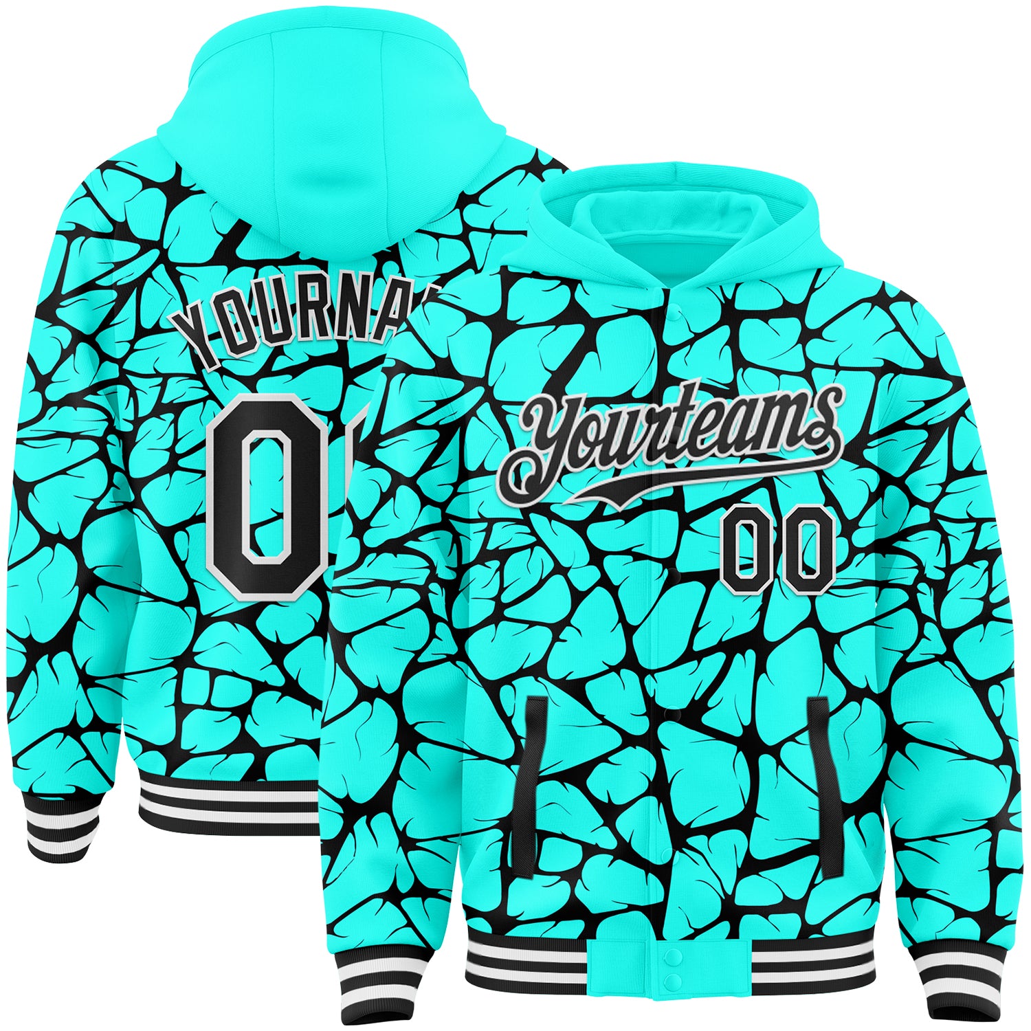 Custom Aqua Black-White Abstract Network Bomber Full-Snap Varsity Letterman Hoodie Jacket
