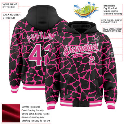 Custom Black Pink-White Abstract Network Bomber Full-Snap Varsity Letterman Hoodie Jacket