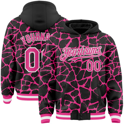 Custom Black Pink-White Abstract Network Bomber Full-Snap Varsity Letterman Hoodie Jacket