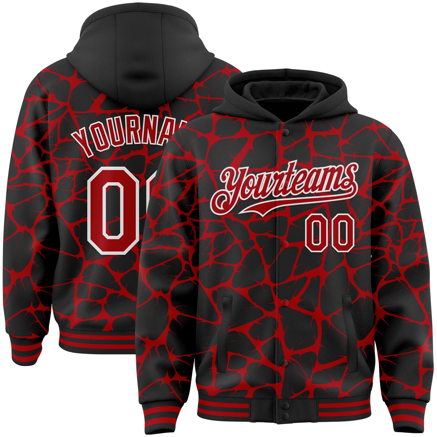 Custom Black Red-White Abstract Network Bomber Full-Snap Varsity Letterman Hoodie Jacket