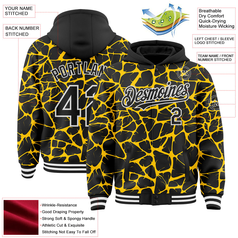 Custom Black Yellow-White Abstract Network Bomber Full-Snap Varsity Letterman Hoodie Jacket