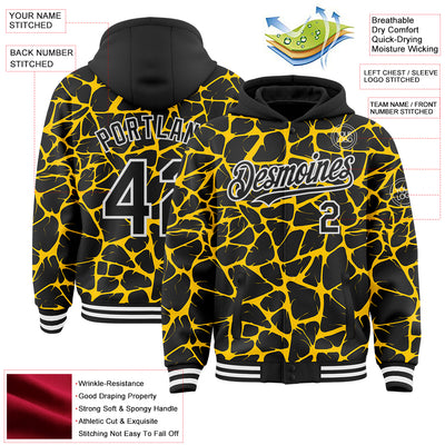 Custom Black Yellow-White Abstract Network Bomber Full-Snap Varsity Letterman Hoodie Jacket