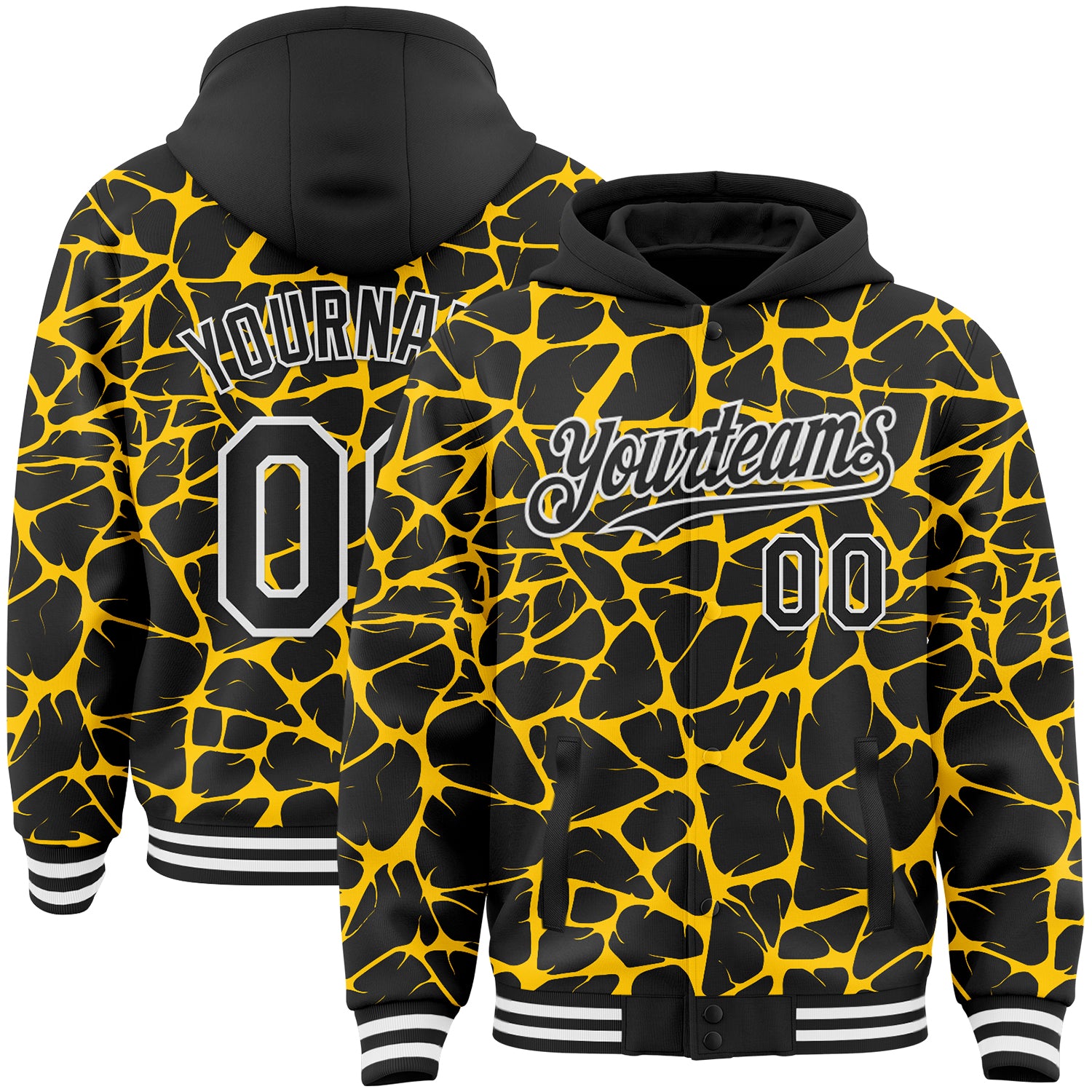 Custom Black Yellow-White Abstract Network Bomber Full-Snap Varsity Letterman Hoodie Jacket