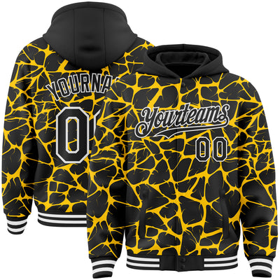 Custom Black Yellow-White Abstract Network Bomber Full-Snap Varsity Letterman Hoodie Jacket