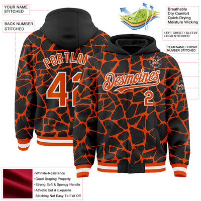 Custom Black Orange-White Abstract Network Bomber Full-Snap Varsity Letterman Hoodie Jacket