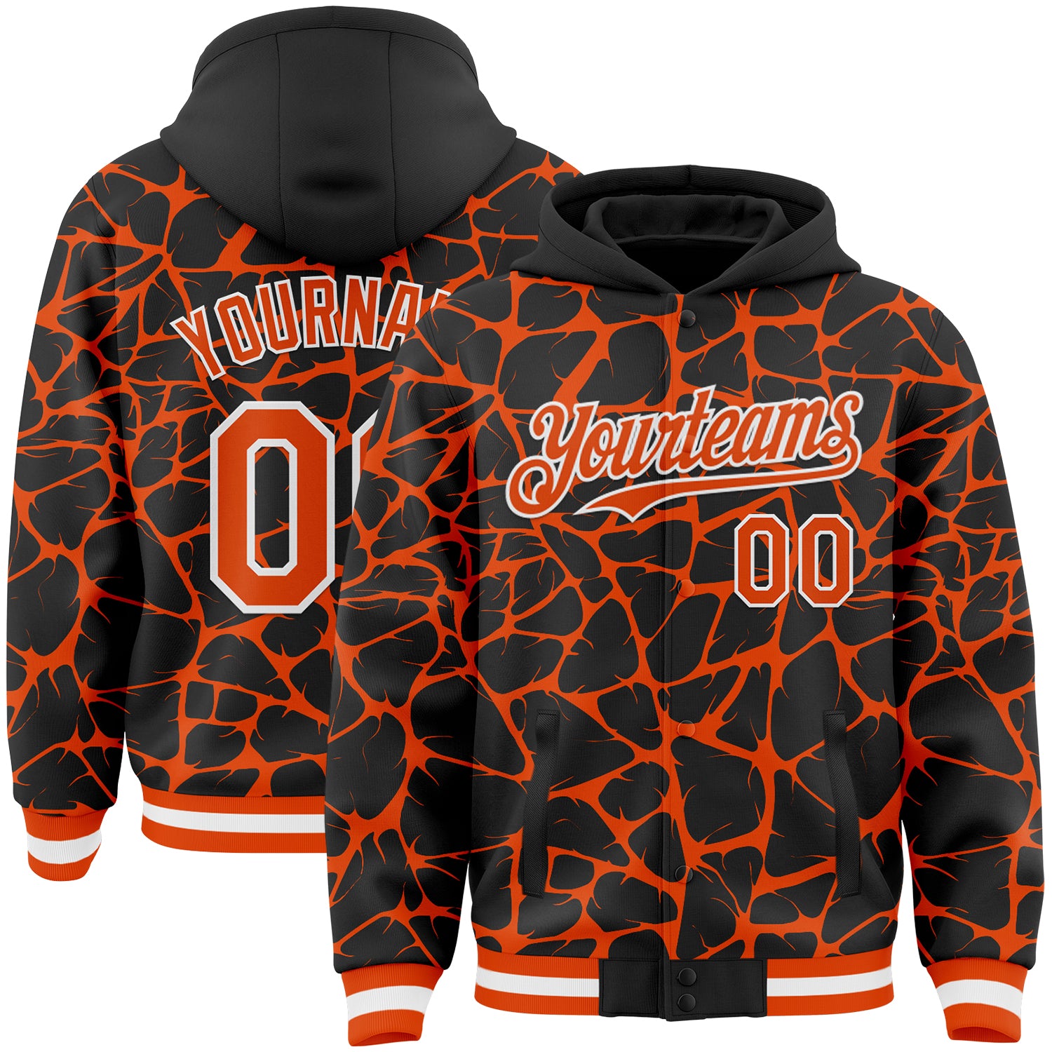 Custom Black Orange-White Abstract Network Bomber Full-Snap Varsity Letterman Hoodie Jacket