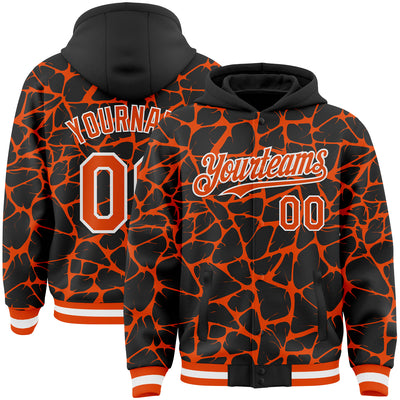 Custom Black Orange-White Abstract Network Bomber Full-Snap Varsity Letterman Hoodie Jacket
