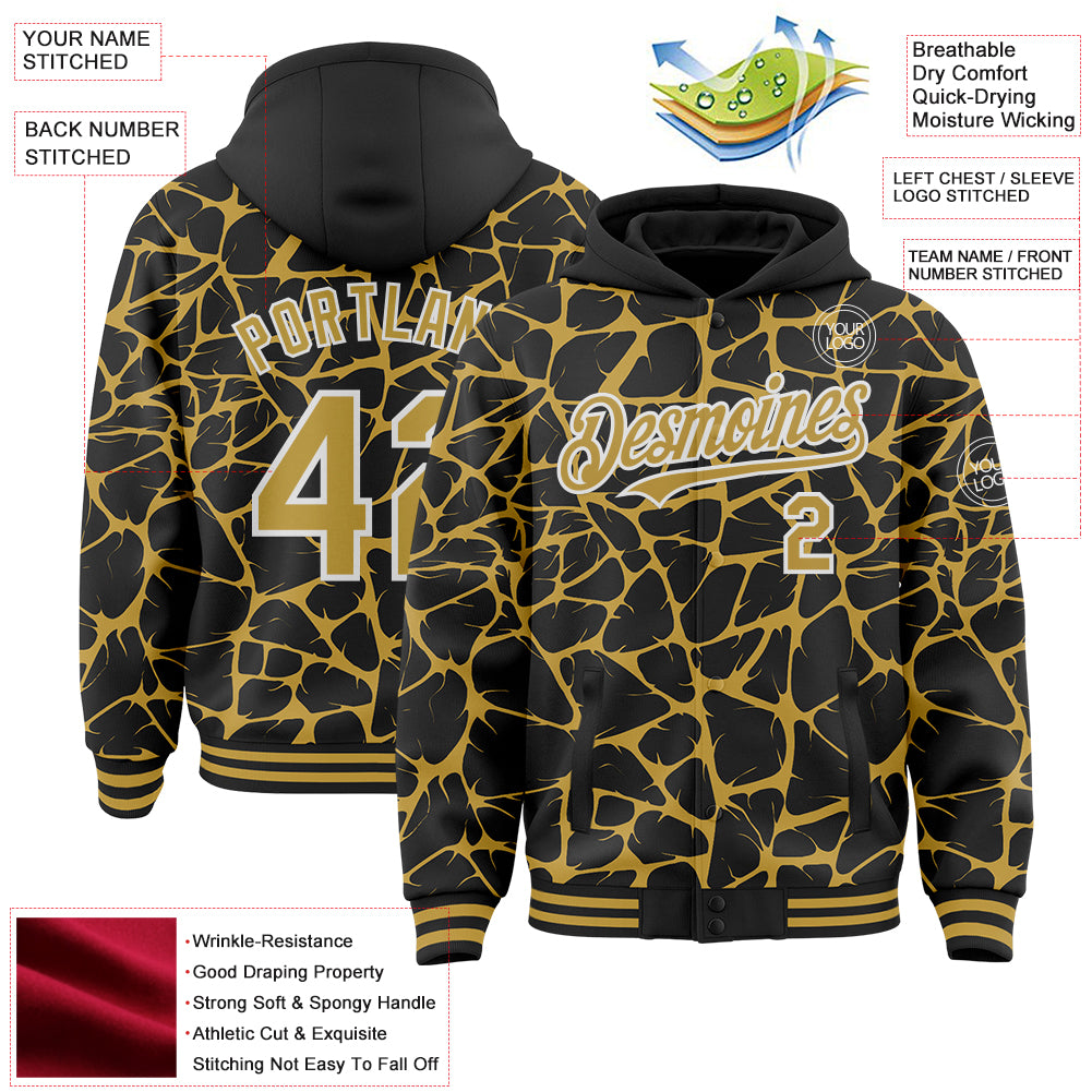 Custom Black Old Gold-White Abstract Network Bomber Full-Snap Varsity Letterman Hoodie Jacket