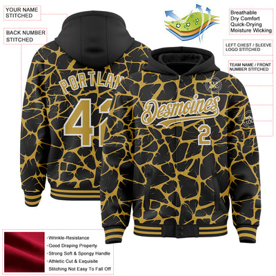 Custom Black Old Gold-White Abstract Network Bomber Full-Snap Varsity Letterman Hoodie Jacket