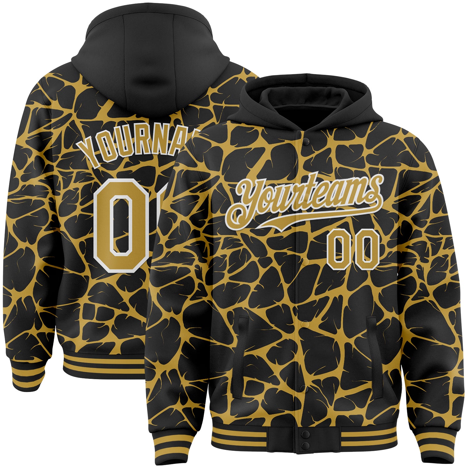 Custom Black Old Gold-White Abstract Network Bomber Full-Snap Varsity Letterman Hoodie Jacket