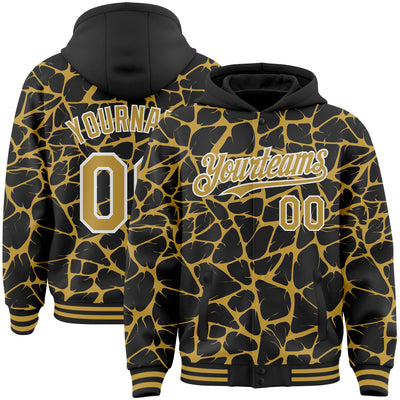 Custom Black Old Gold-White Abstract Network Bomber Full-Snap Varsity Letterman Hoodie Jacket
