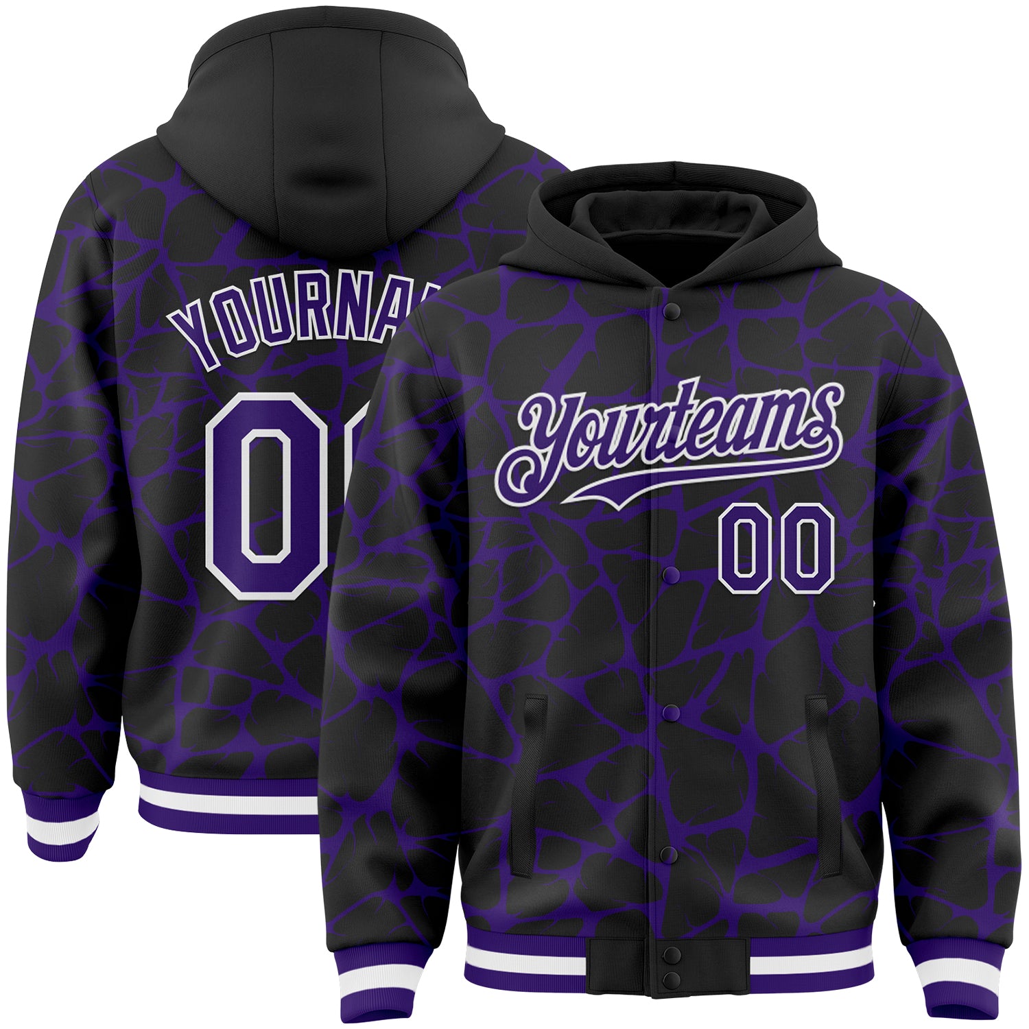 Custom Black Purple-White Abstract Network Bomber Full-Snap Varsity Letterman Hoodie Jacket