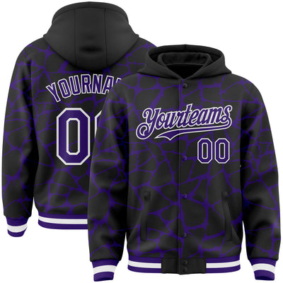 Custom Black Purple-White Abstract Network Bomber Full-Snap Varsity Letterman Hoodie Jacket