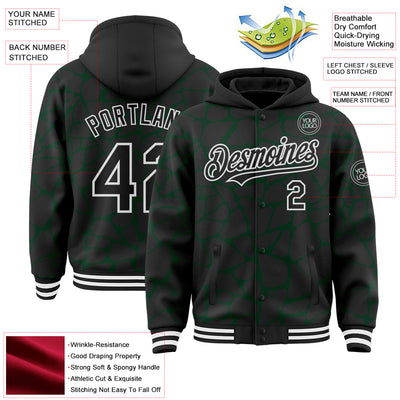 Custom Black Green-White Abstract Network Bomber Full-Snap Varsity Letterman Hoodie Jacket