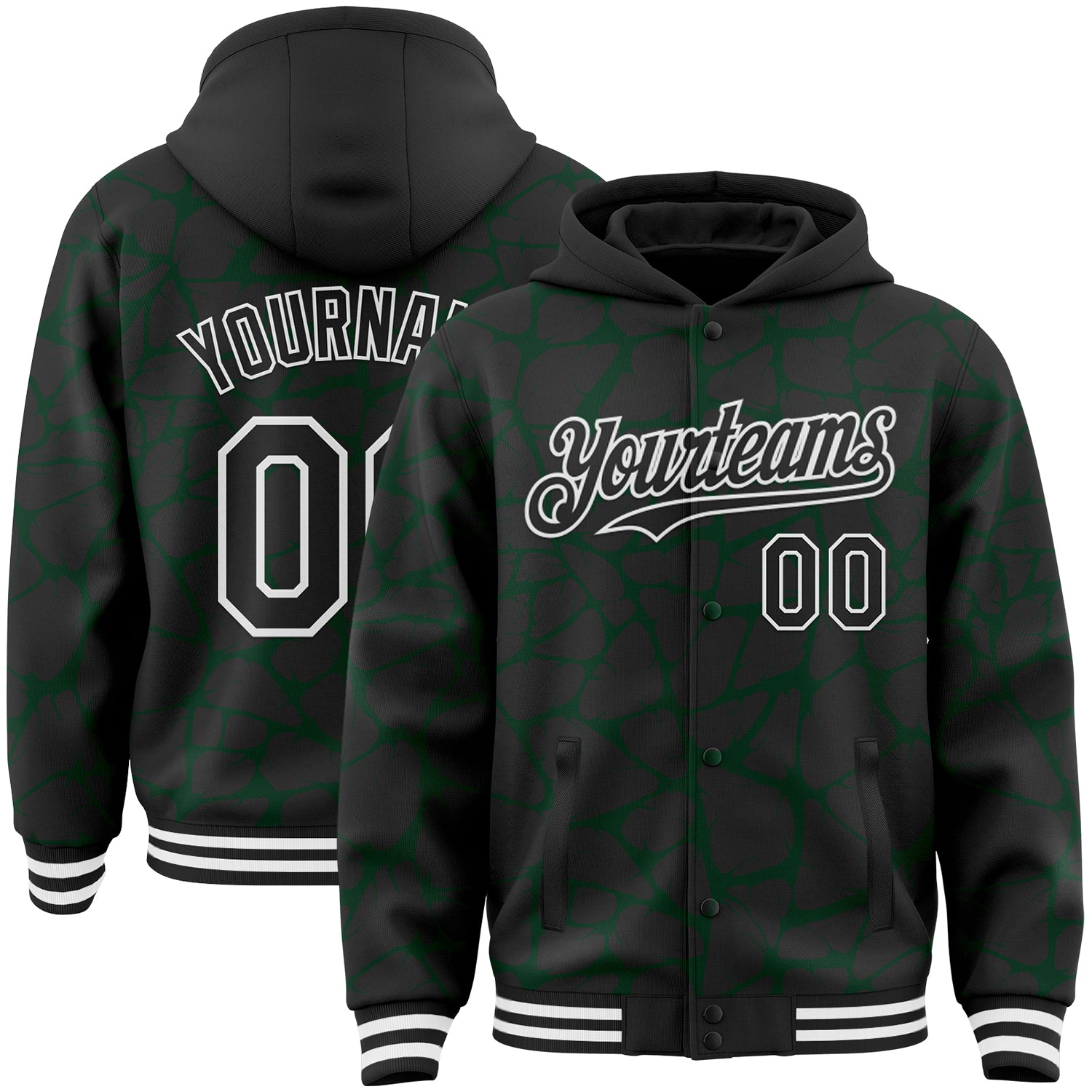 Custom Black Green-White Abstract Network Bomber Full-Snap Varsity Letterman Hoodie Jacket