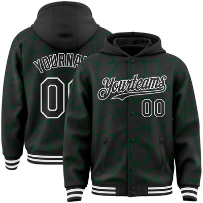 Custom Black Green-White Abstract Network Bomber Full-Snap Varsity Letterman Hoodie Jacket