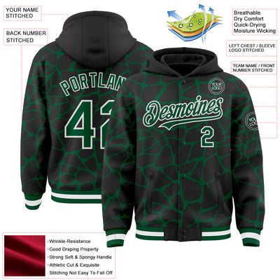 Custom Black Kelly Green-White Abstract Network Bomber Full-Snap Varsity Letterman Hoodie Jacket