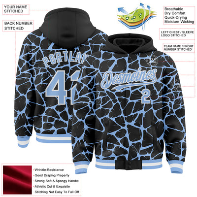 Custom Black Light Blue-White Abstract Network Bomber Full-Snap Varsity Letterman Hoodie Jacket