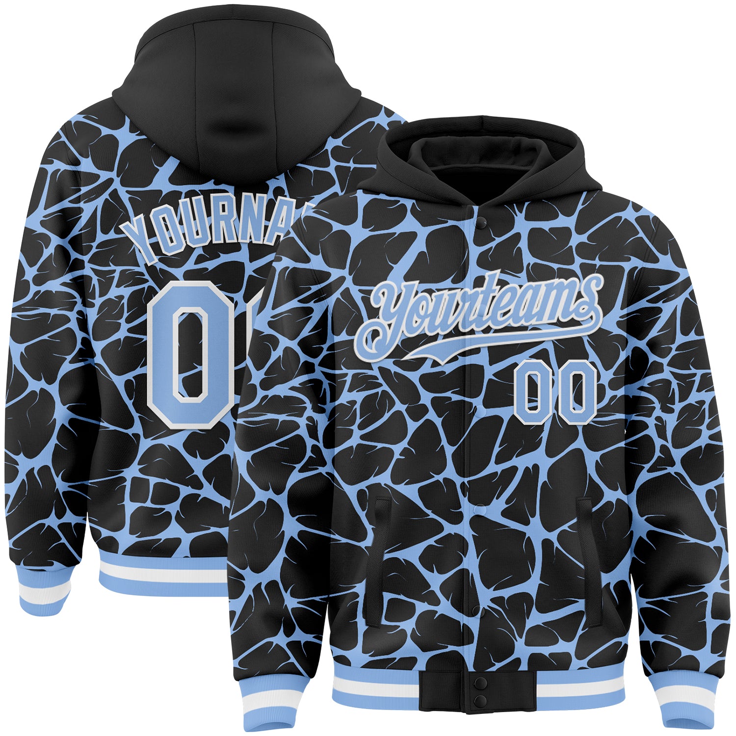 Custom Black Light Blue-White Abstract Network Bomber Full-Snap Varsity Letterman Hoodie Jacket