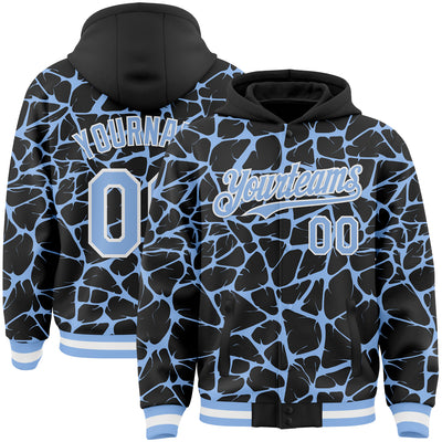 Custom Black Light Blue-White Abstract Network Bomber Full-Snap Varsity Letterman Hoodie Jacket