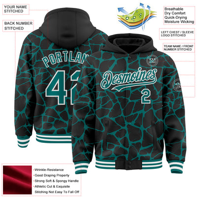 Custom Black Teal-White Abstract Network Bomber Full-Snap Varsity Letterman Hoodie Jacket