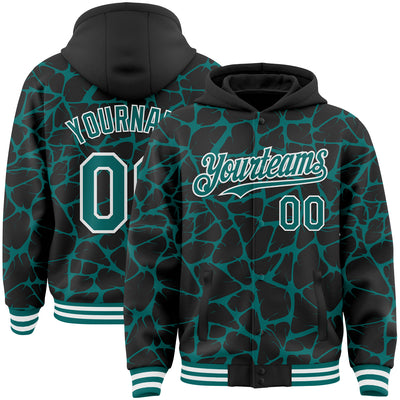 Custom Black Teal-White Abstract Network Bomber Full-Snap Varsity Letterman Hoodie Jacket