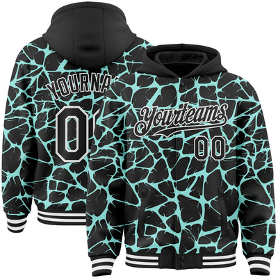 Custom Black Ice Blue-White Abstract Network Bomber Full-Snap Varsity Letterman Hoodie Jacket