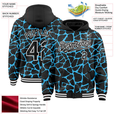 Custom Black Sky Blue-White Abstract Network Bomber Full-Snap Varsity Letterman Hoodie Jacket