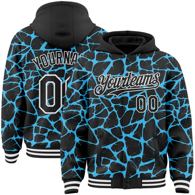 Custom Black Sky Blue-White Abstract Network Bomber Full-Snap Varsity Letterman Hoodie Jacket